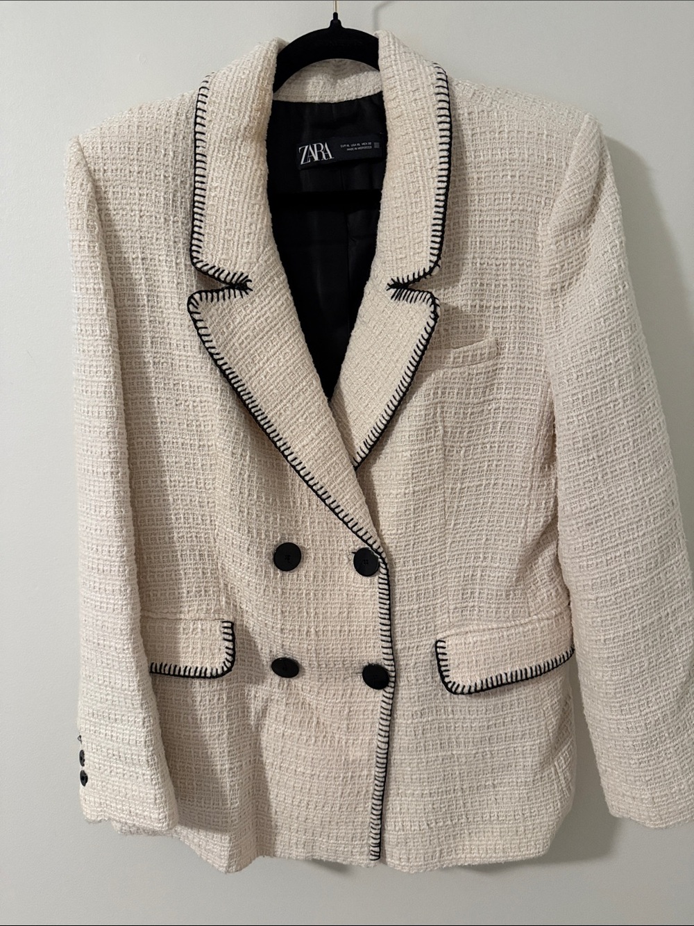 Zara Cream Textured Double-Breasted Blazer with Black Trim